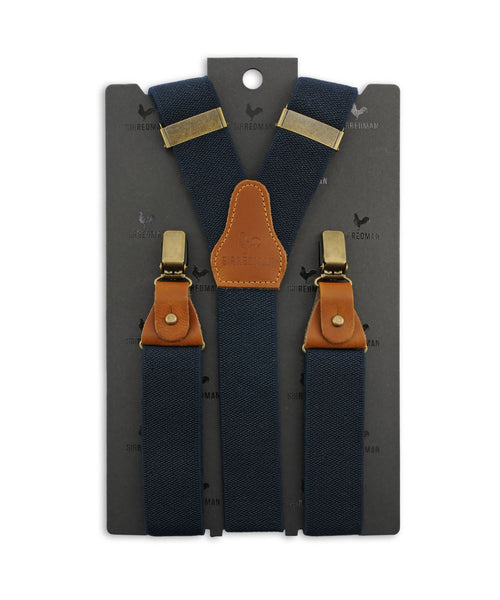 Luxe leren bretels met clips en patten | Navy Blauw