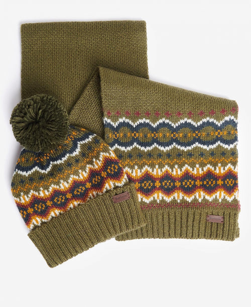 Barbour Fairisle Beanie&Scarf Gift Set | Olive