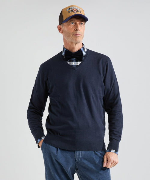 Sweater V-Neck Cotton/Cashmere | Navy Blue