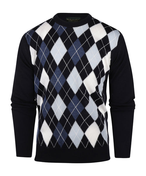 Merino Crew Neck Checked Sweater | Navy Blue