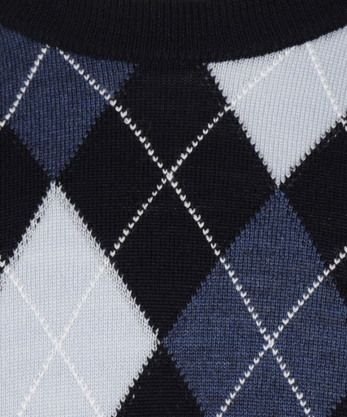 Merino Crew Neck Checked Sweater | Navy Blue