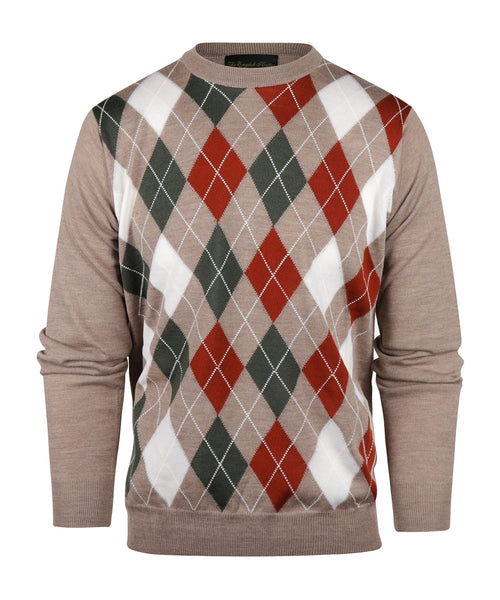 Merino Crew Neck Checked Sweater | Brown